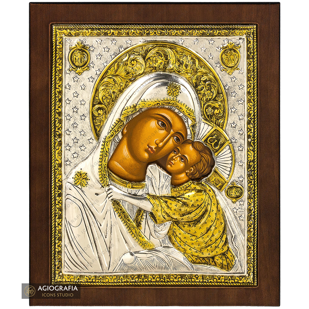 Virgin Mary Sweet Kissing Silver Gold Plated Icon on Wood