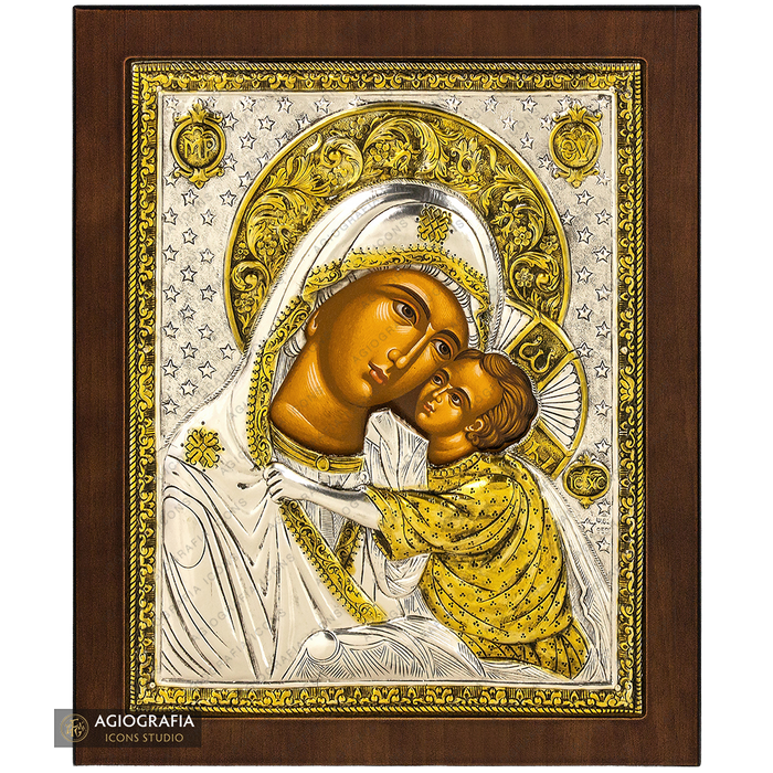 Vierge Marie de la Tendresse icône argentée et dorée sur bois