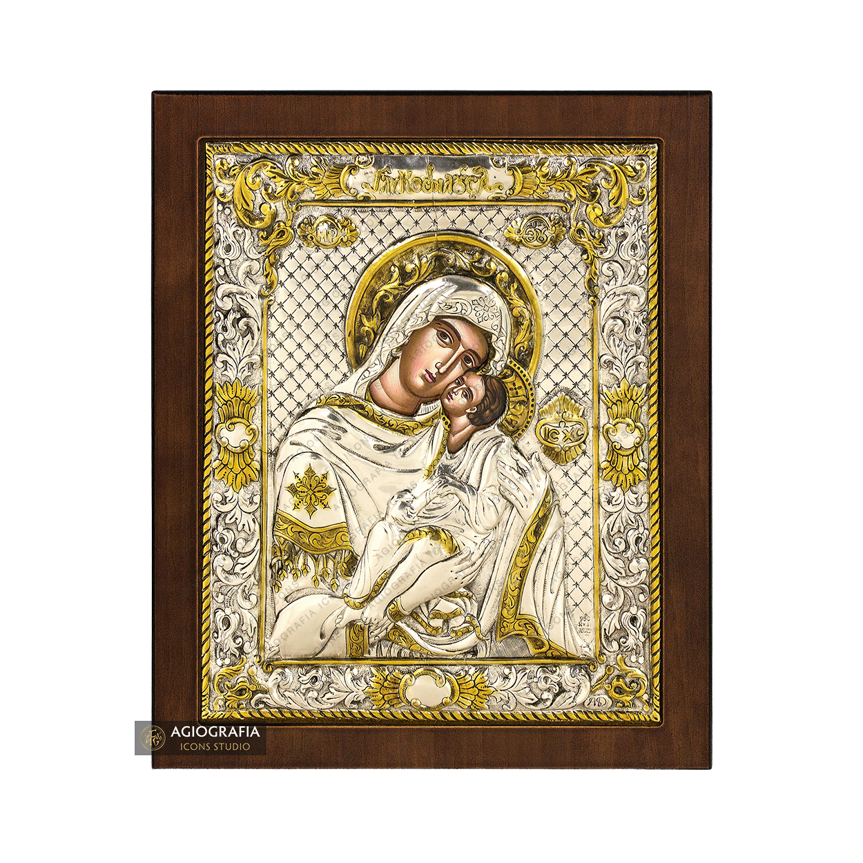 Virgin Mary Sweet Kissing Silver Gold Plated Icon on Wood