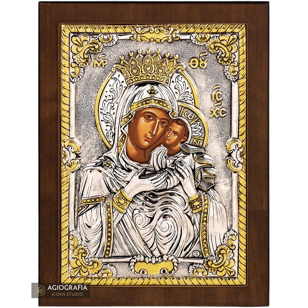 Virgin Mary the Sweet Kissing Christian Orthodox Silver Plated Icon