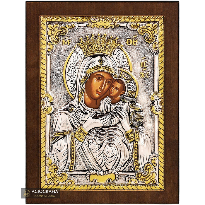 Vergine Maria della Tenerezza icona cristiana ortodossa argentata
