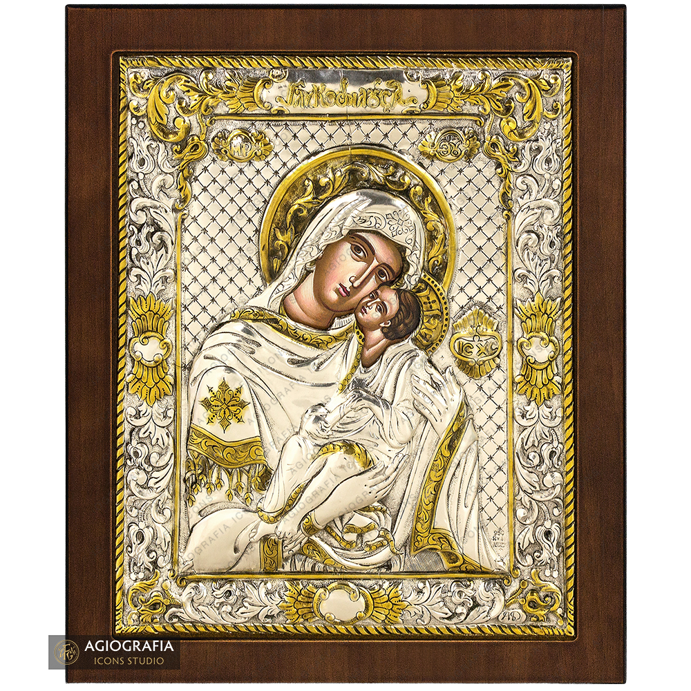 Virgin Mary Sweet Kissing Silver Gold Plated Icon on Wood