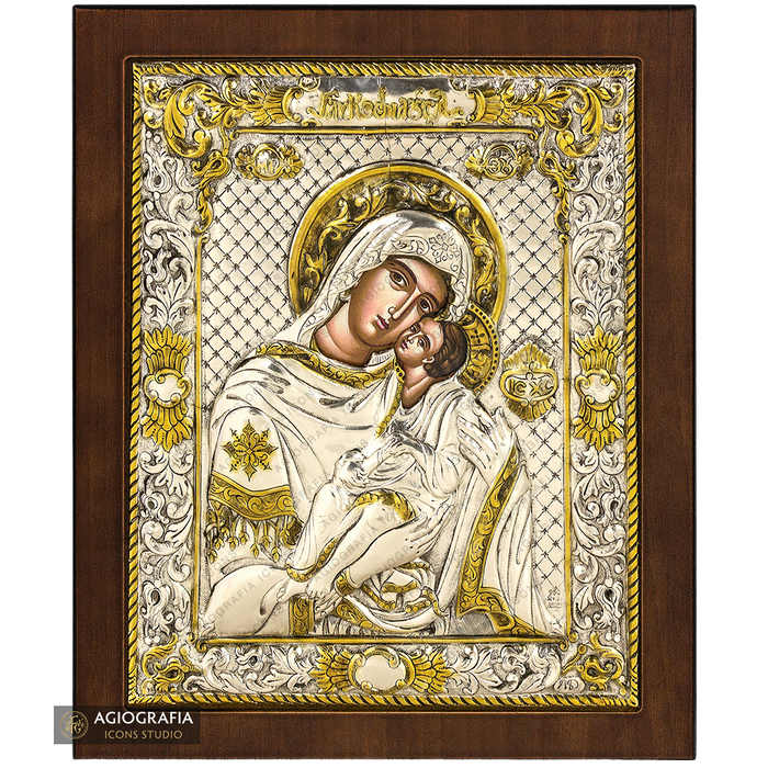 Vierge Marie de la Tendresse icône argentée et dorée sur bois