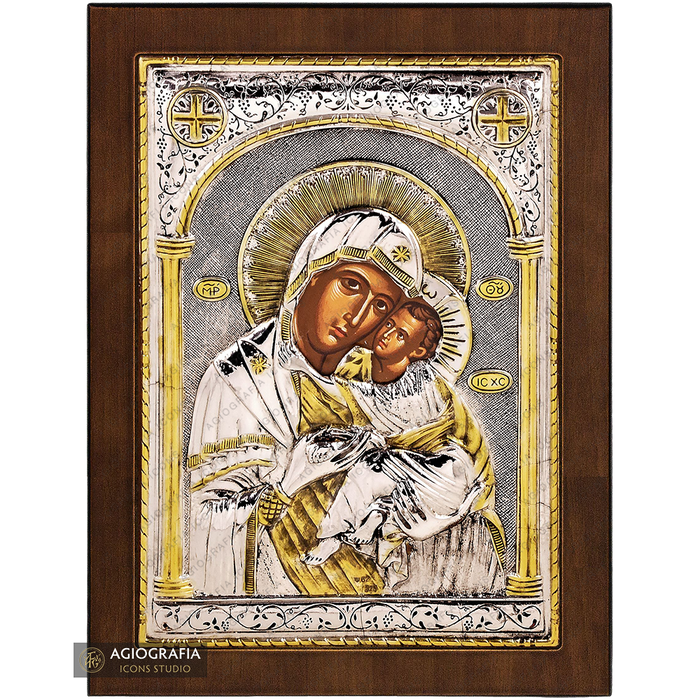 Vergine Maria della Tenerezza icona cristiana ortodossa argentata
