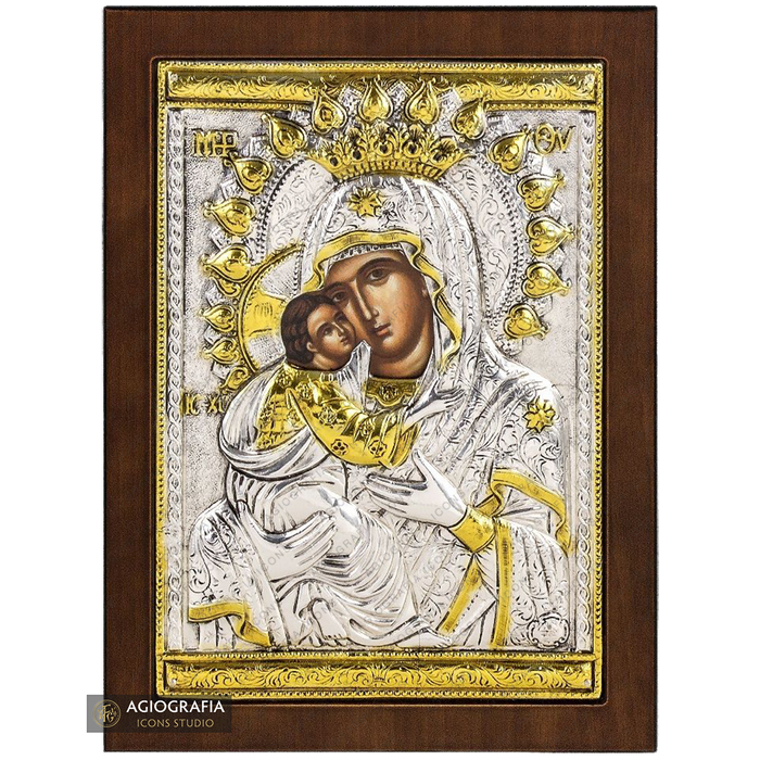 Vergine Maria della Tenerezza icona cristiana ortodossa argentata