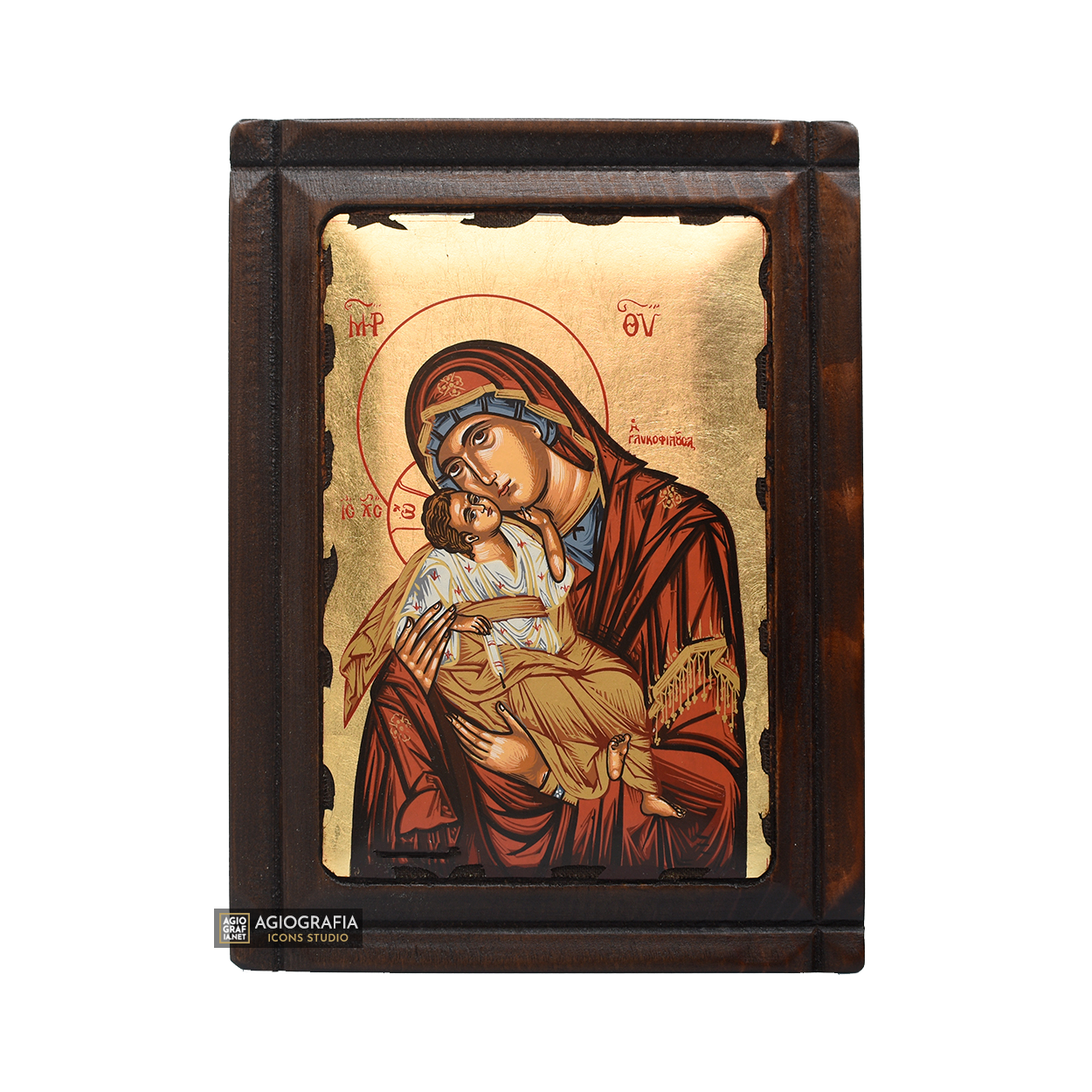 Virgin Mary Sweet Kissing Orthodox Wood Icon with Gold Leaf