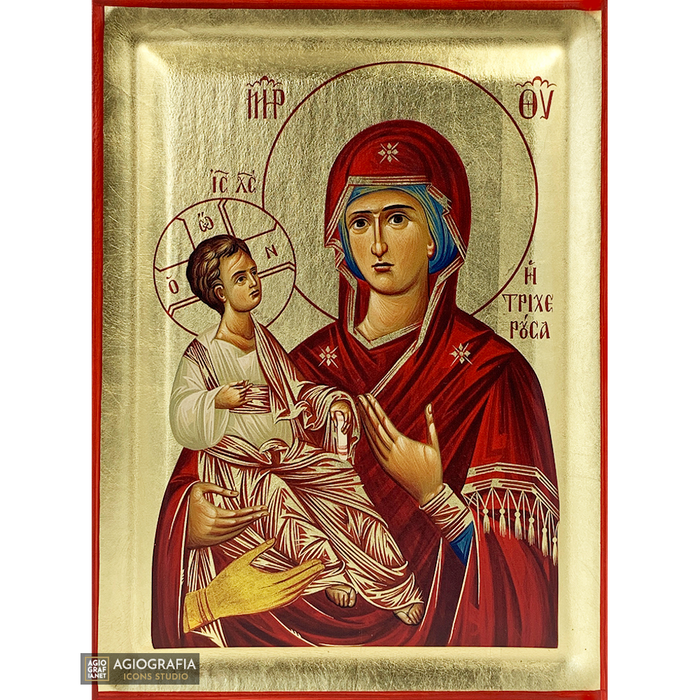 Gottesmutter mit den drei Händen (Tricherousa) orthodoxe Holzikone mit Blattgold