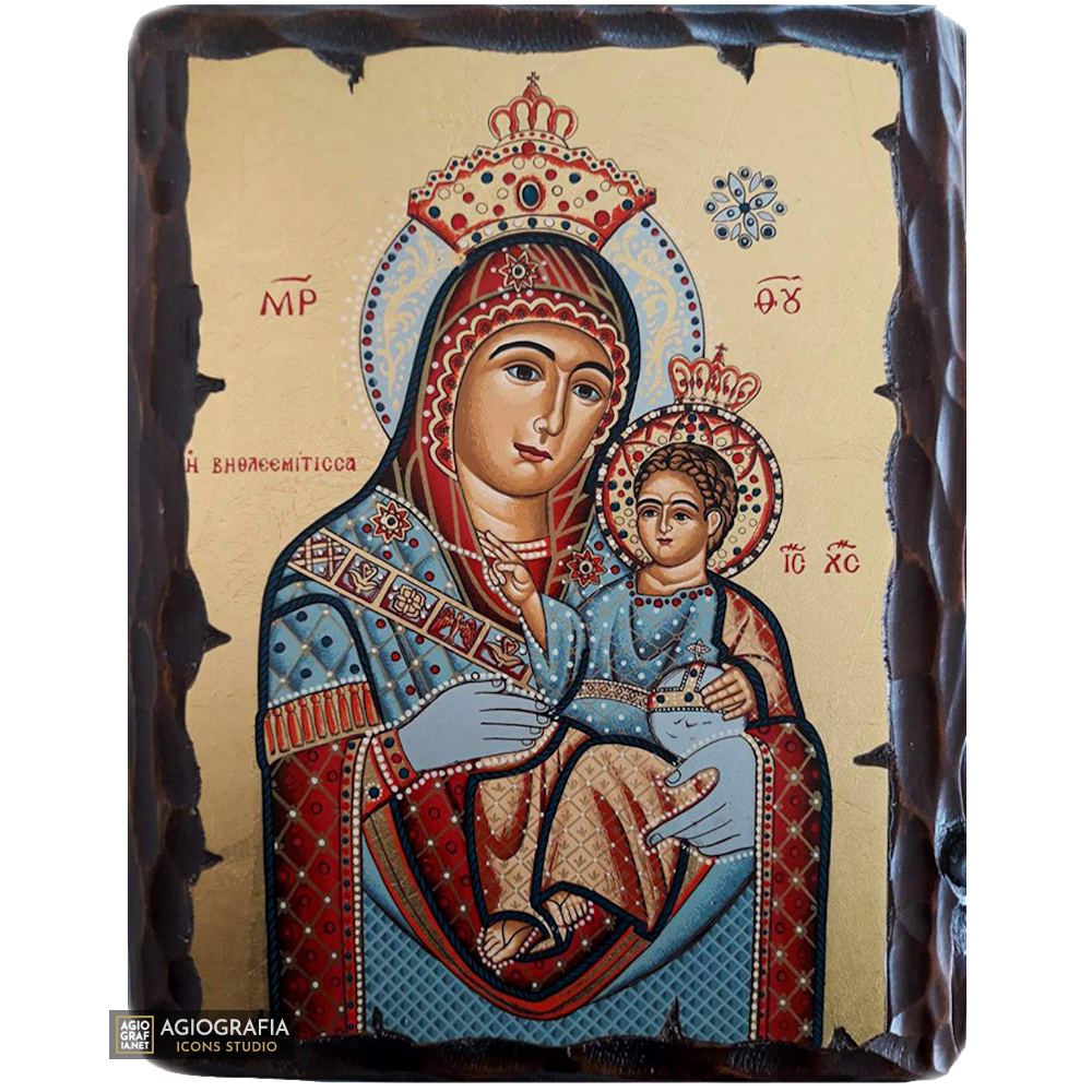 Virgin Mary of Bethleem Greek Orthodox Wood Icon with Gold Leaf