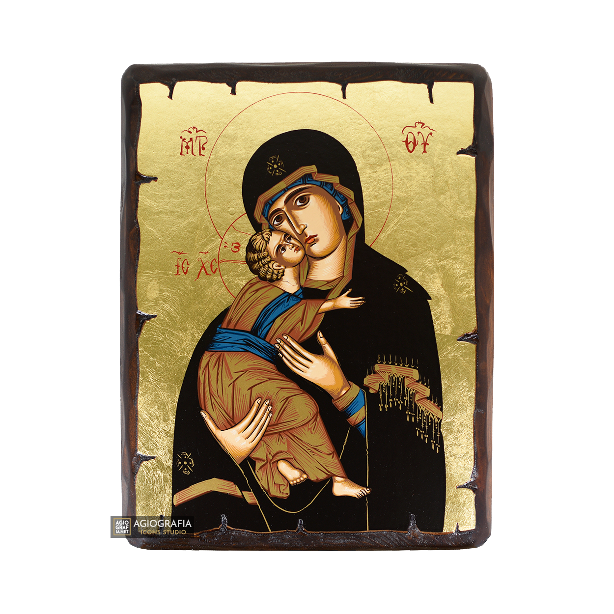 Virgin Mary of Vladimir Greek Orthodox Wood Icon with Gold Leaf
