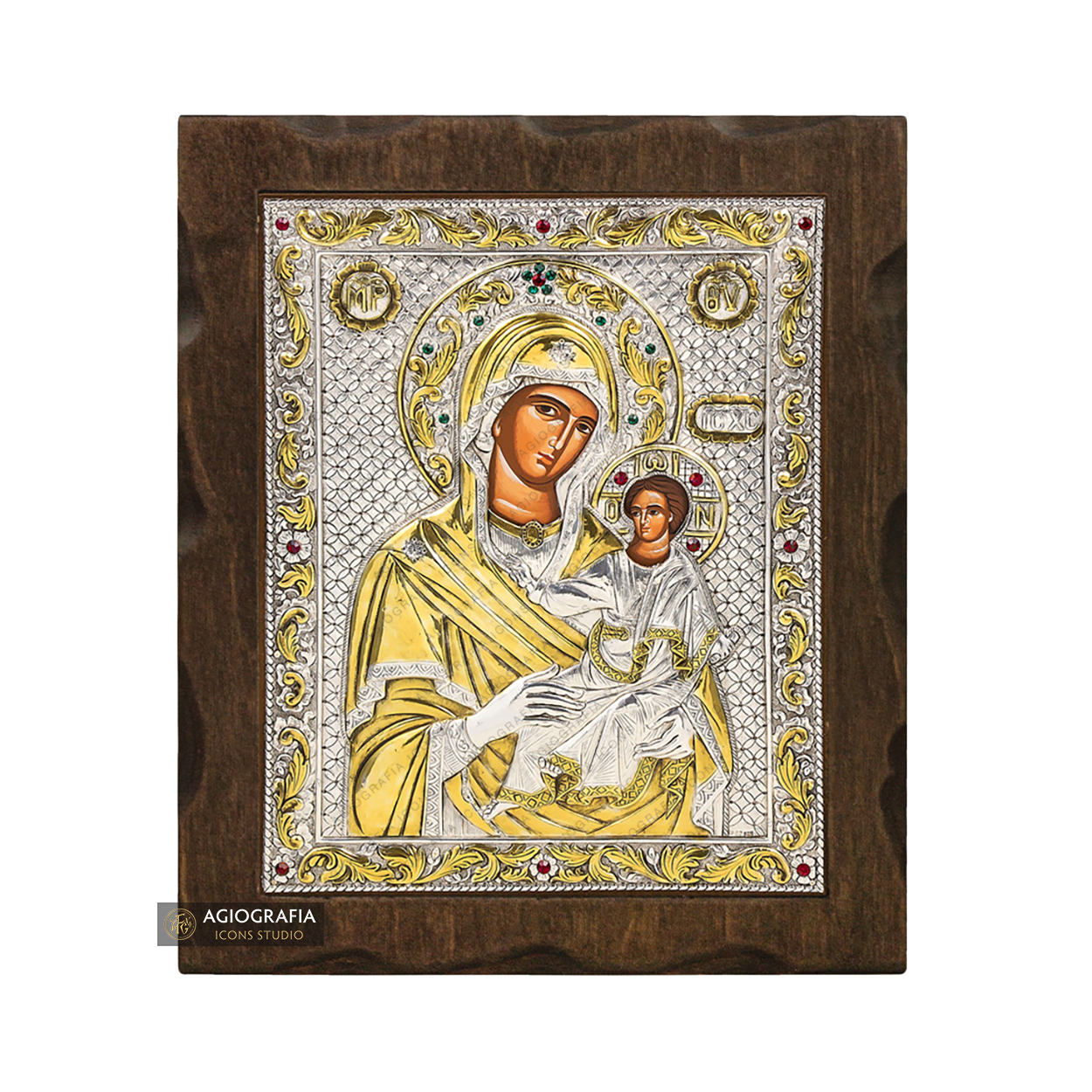 Virgin Mary holding Jesus Christ Silver Gold Plated Wood Icon with Crystals