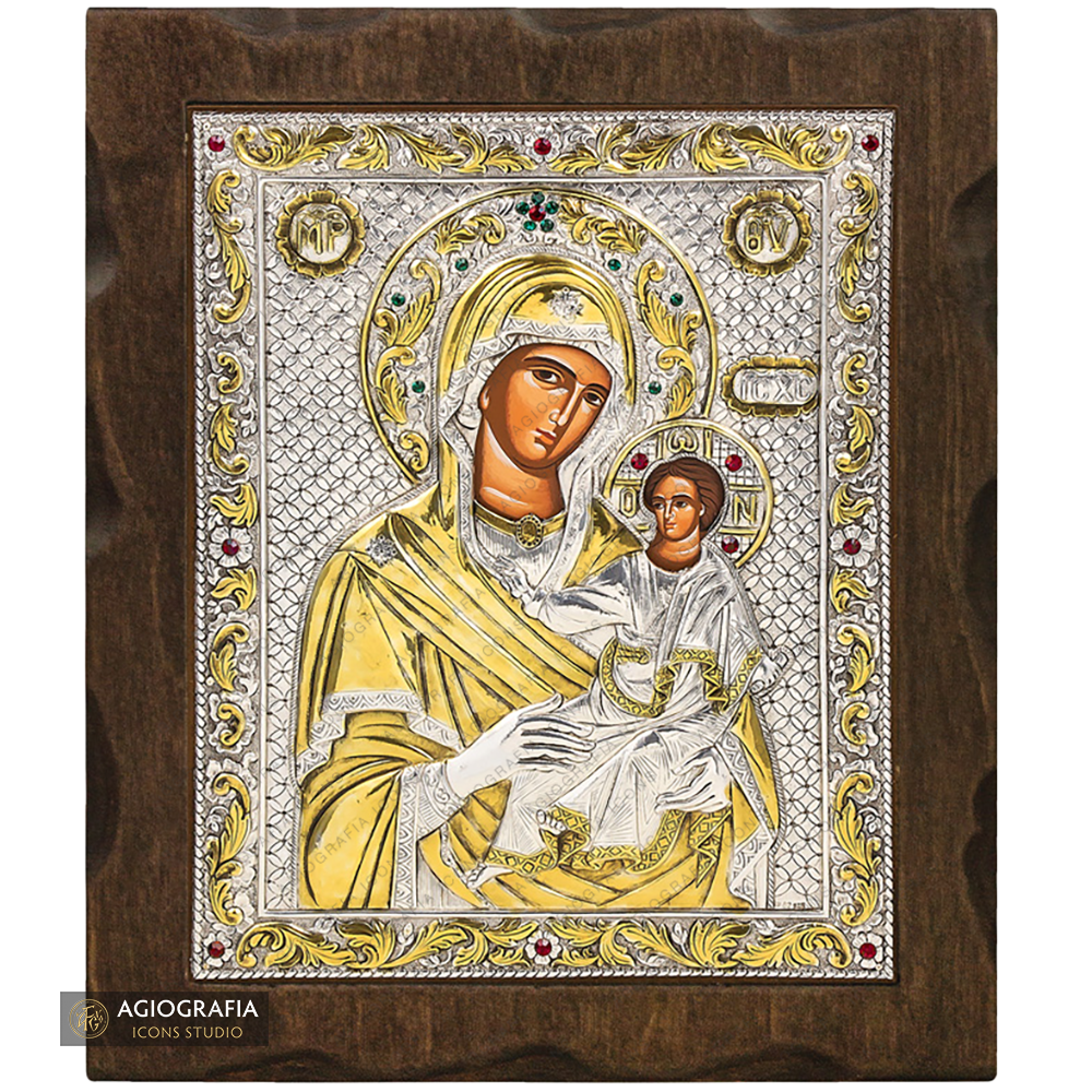 Virgin Mary holding Jesus Christ Silver Gold Plated Wood Icon with Crystals