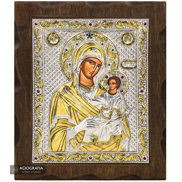 Vergine Maria che tiene Gesù Cristo, icona su legno placcata argento e oro con cristalli