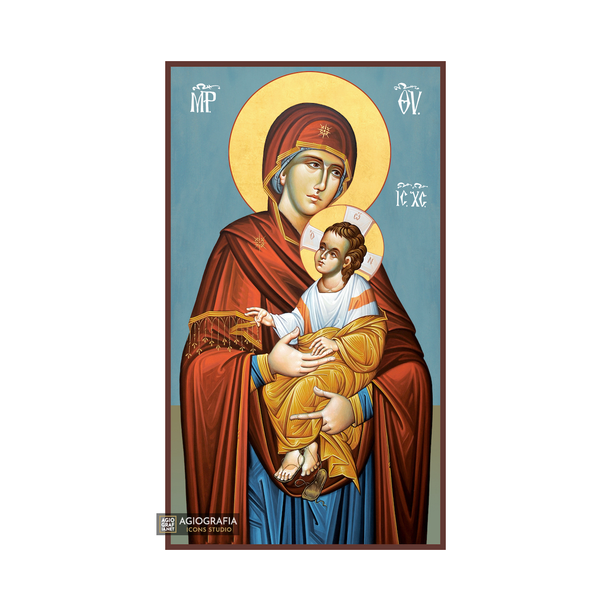 Virgin Mary Holding Infant Christ Greek Icon with Blue Background