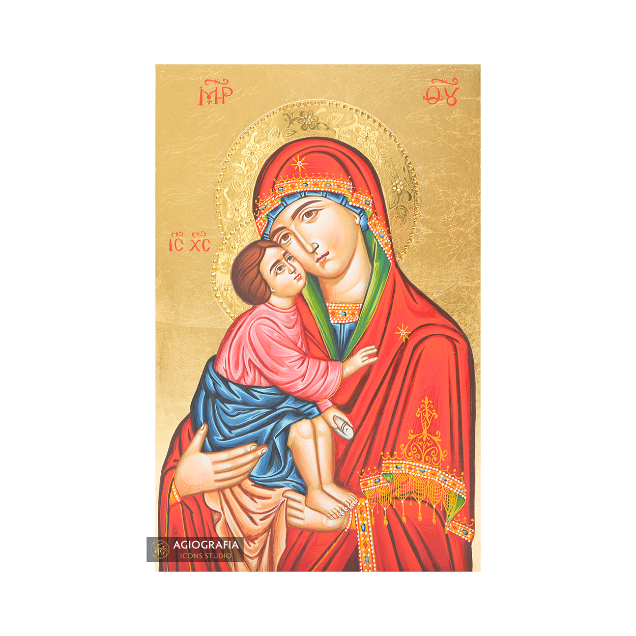 Virgin Mary holding Jesus Christ Handwritten Icon with Gold Leaves and 24k Polished Engraved Halo