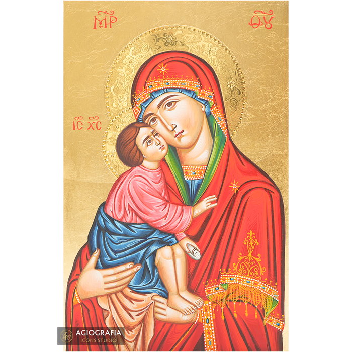 Gottesmutter mit Jesus Christus, handgemalte Ikone mit Goldblättern und 24k poliertem, graviertem Heiligenschein