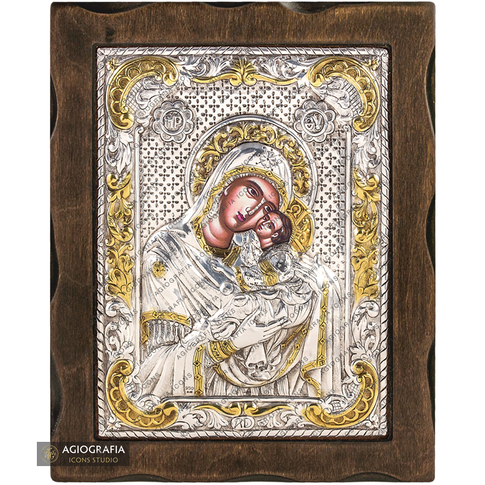 Gottesmutter mit Jesus Christus Ikone aus reinem Silber mit 24k Vergoldung