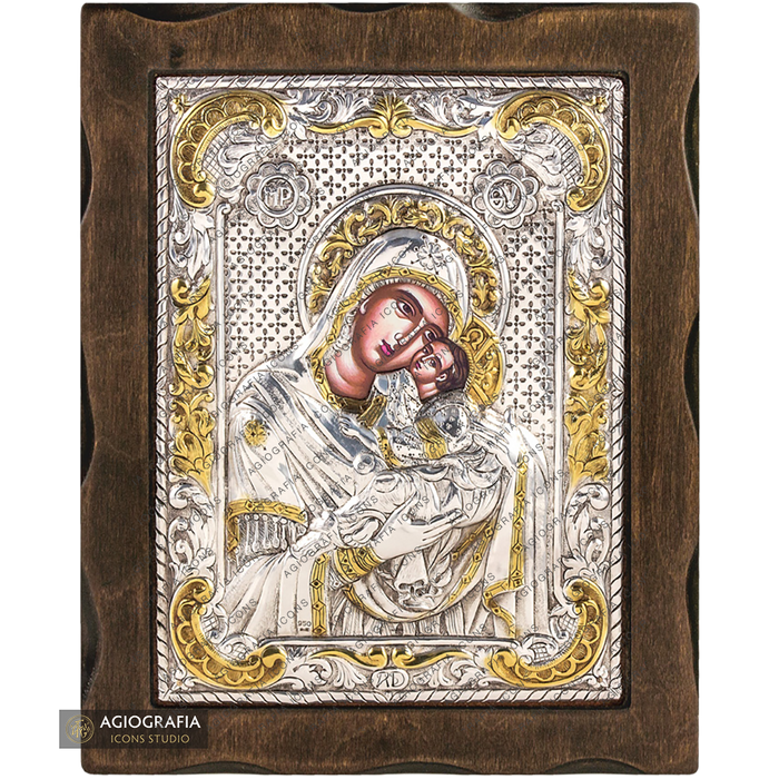 Virgin Mary holding Jesus Christ Pure Silver and 24k Gold Plated Icon