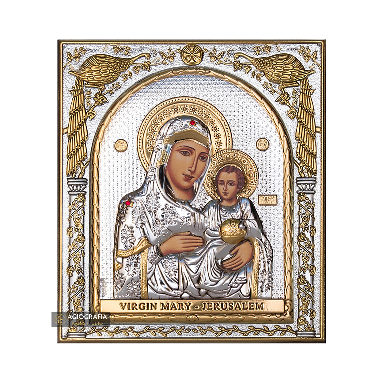 Virgin Mary of Jerusalem Silver Gold Plated Wood Icon
