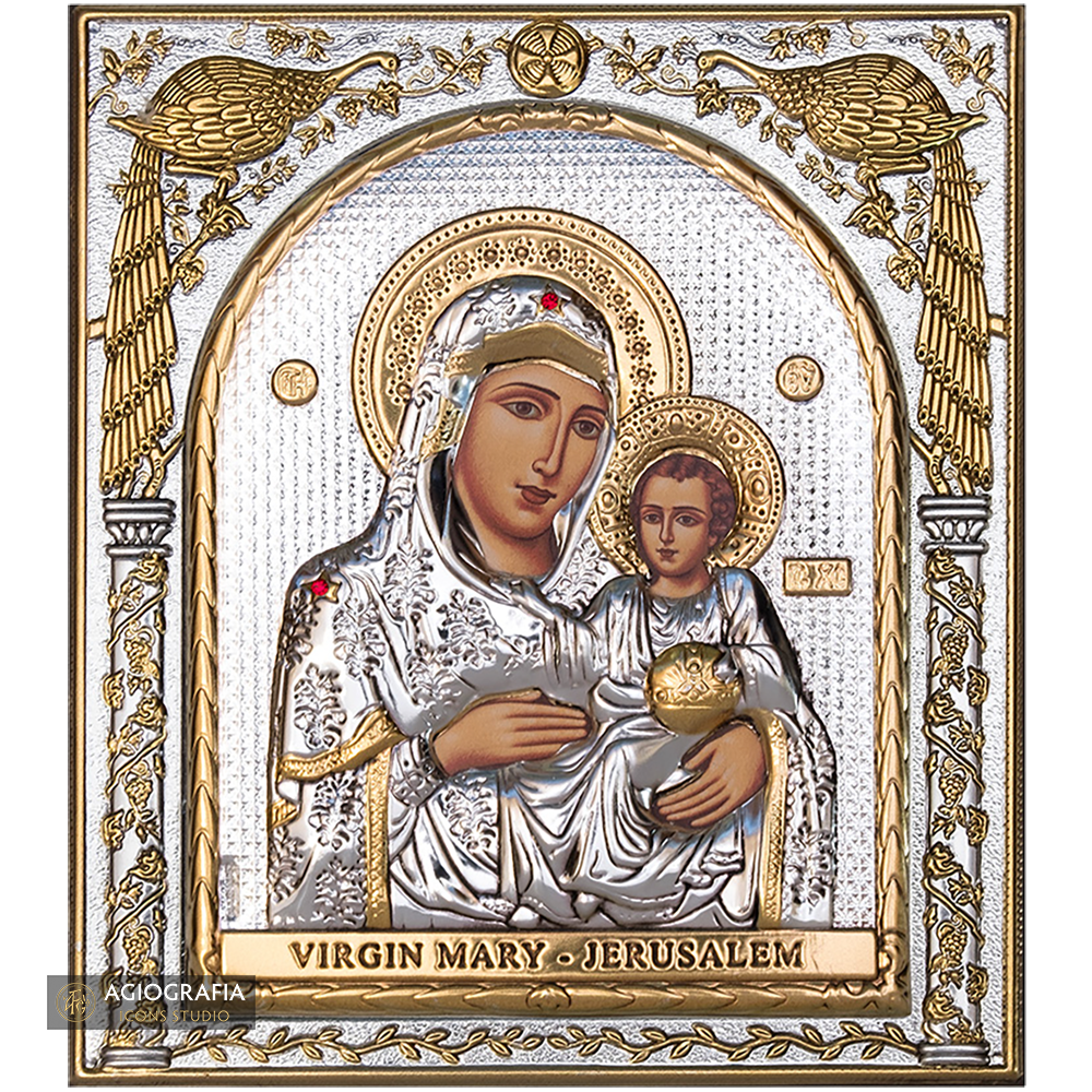Virgin Mary of Jerusalem Silver Gold Plated Wood Icon
