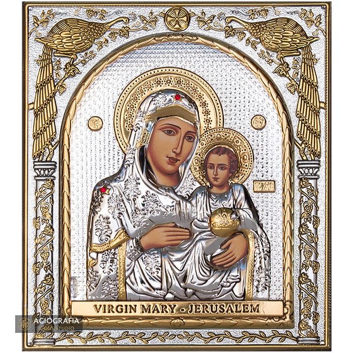 Virgin Mary of Jerusalem Silver Gold Plated Wood Icon