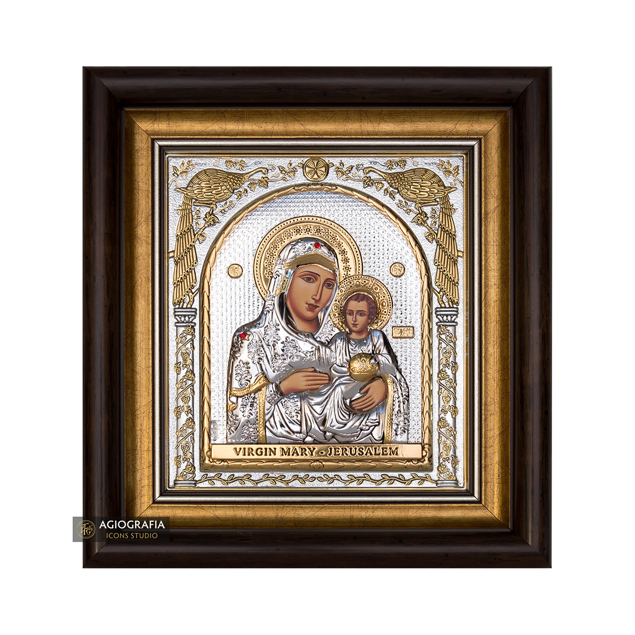Virgin Mary of Jerusalem Framed Silver Gold Plated Wood Icon
