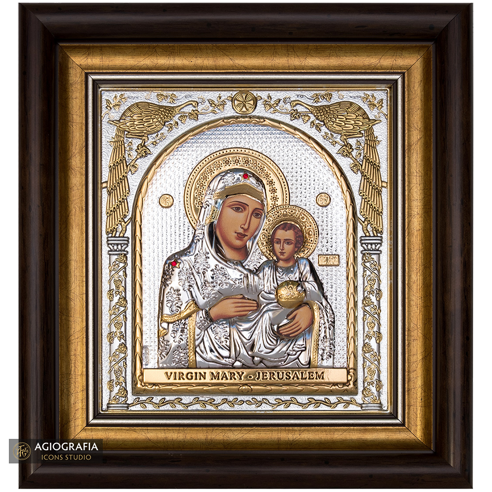 Virgin Mary of Jerusalem Framed Silver Gold Plated Wood Icon