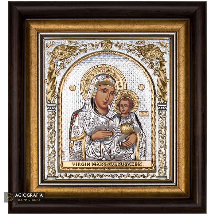 Virgin Mary of Jerusalem Framed Silver Gold Plated Wood Icon
