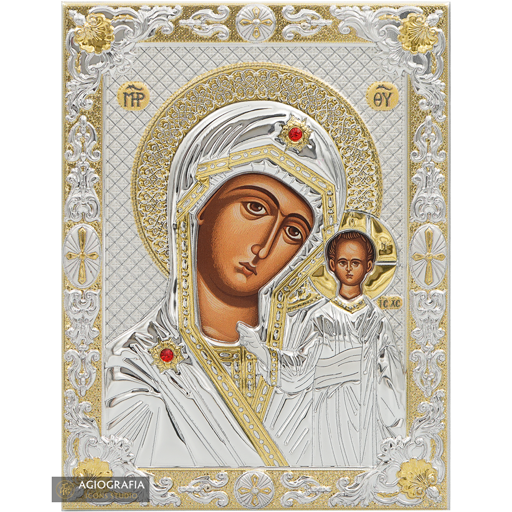 Vergine Maria di Kazan icona cristiana placcata argento e oro su legno