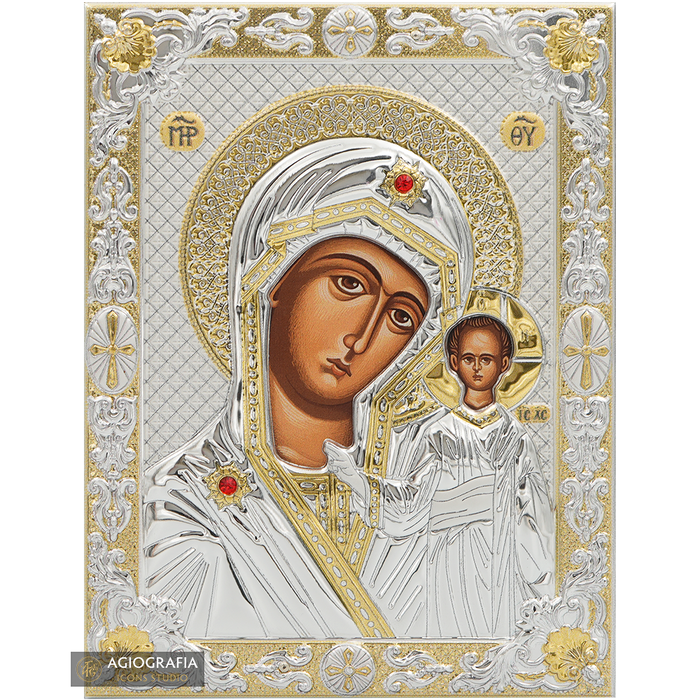 Vergine Maria di Kazan icona cristiana placcata argento e oro su legno