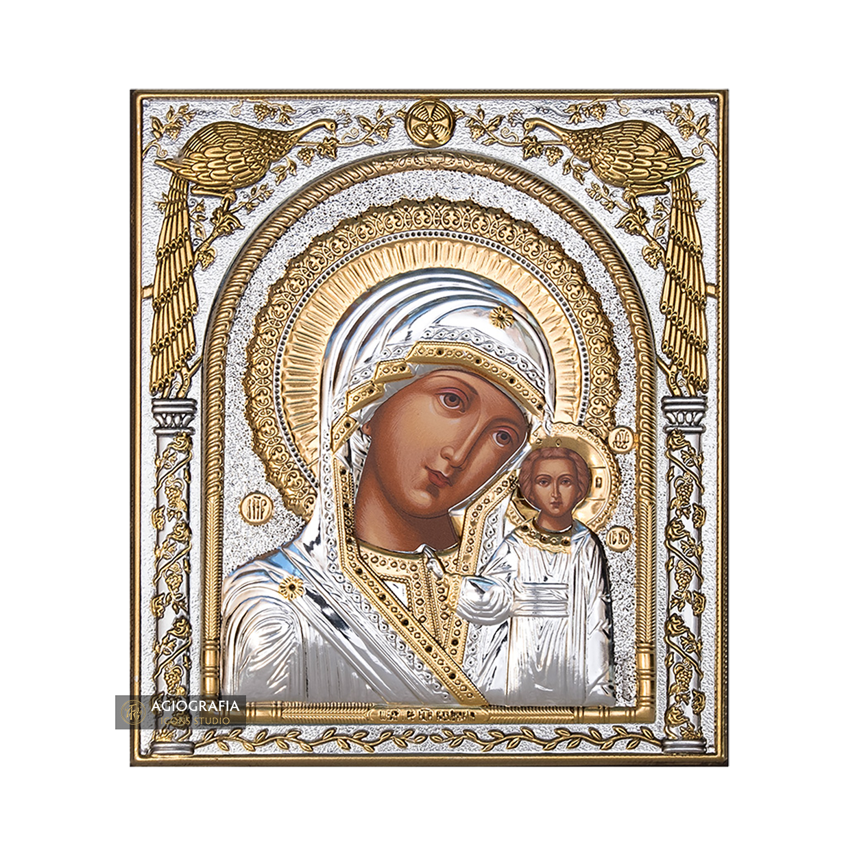 Virgin Mary of Kazan Silver Gold Plated Wood Icon