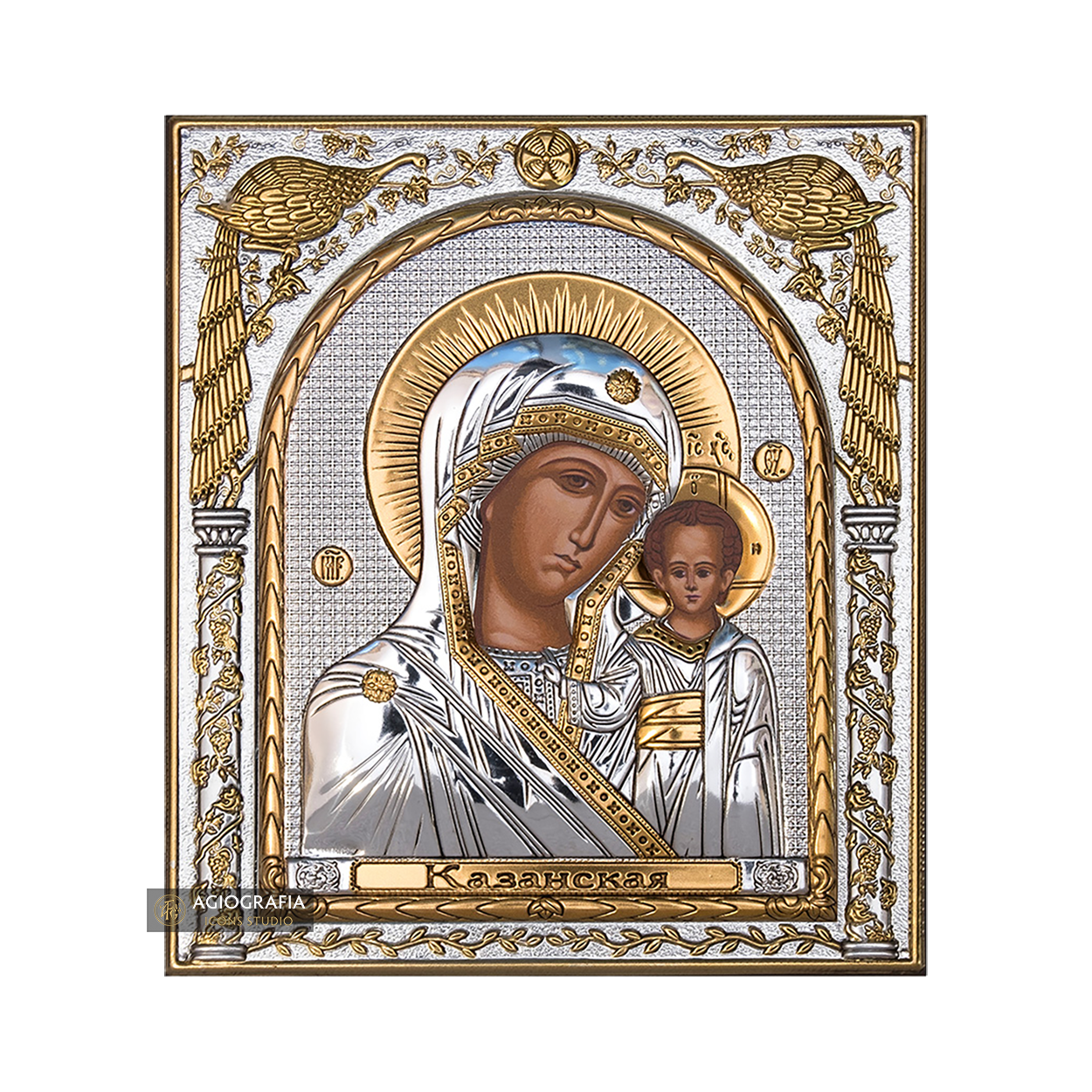 Virgin Mary of Kazan Silver Gold Plated Wood Icon