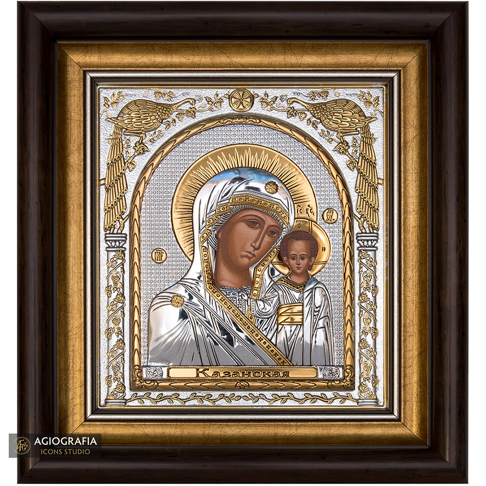 Virgin Mary of Kazan Framed Silver Gold Plated Wood Icon