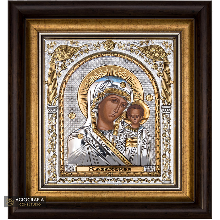 Virgin Mary of Kazan Framed Silver Gold Plated Wood Icon