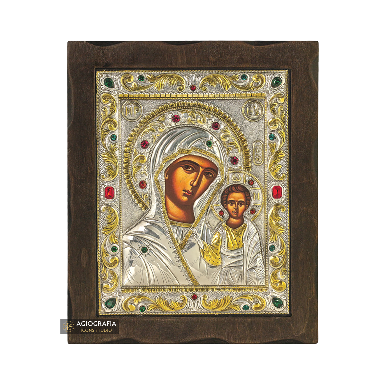 Virgin Mary of Kazan Silver Gold Plated Wood Icon with Crystals
