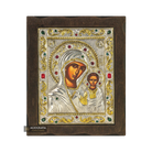 Virgin Mary of Kazan Silver Gold Plated Wood Icon with Crystals