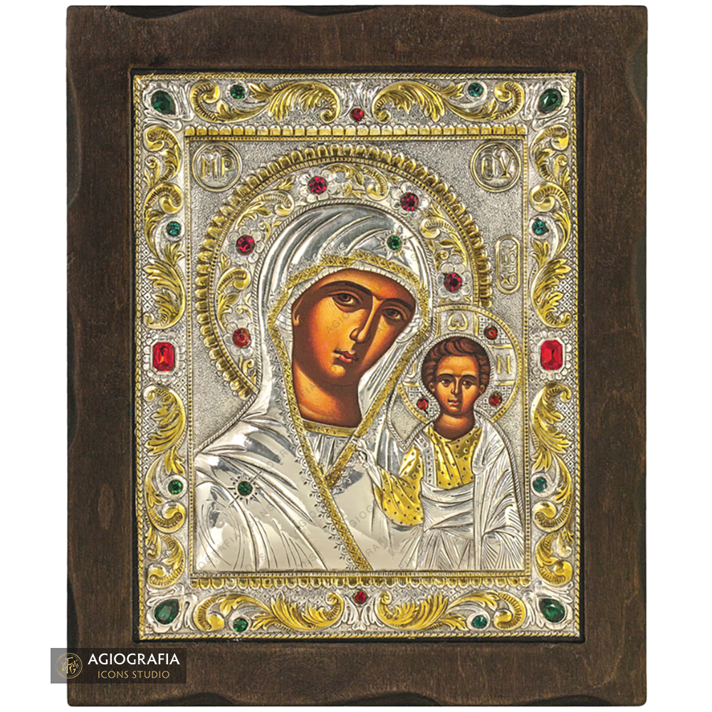 Virgin Mary of Kazan Silver Gold Plated Wood Icon with Crystals