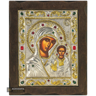 Virgin Mary of Kazan Silver Gold Plated Wood Icon with Crystals