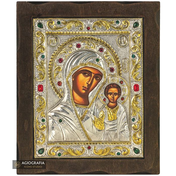 Vergine Maria di Kazan icona in legno argentata e dorata con cristalli