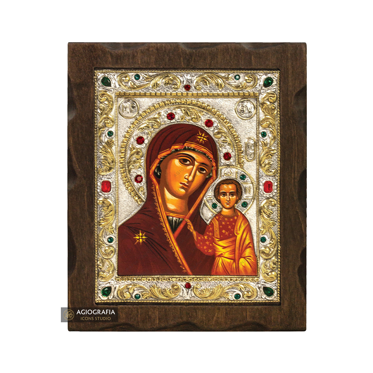 Virgin Mary of Kazan Silver Gold Plated Wood Icon with Crystals