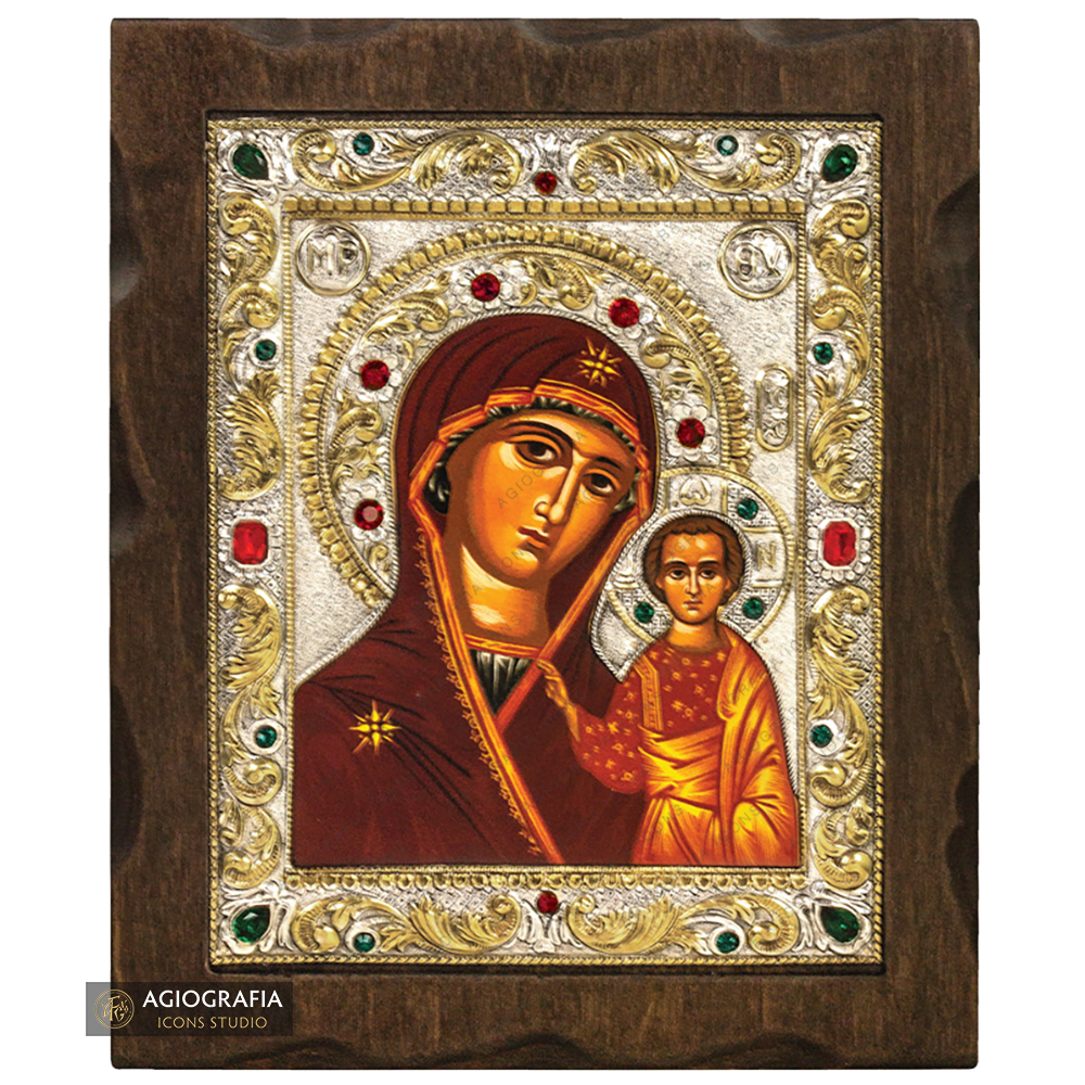 Virgin Mary of Kazan Silver Gold Plated Wood Icon with Crystals