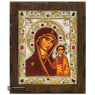 Virgin Mary of Kazan Silver Gold Plated Wood Icon with Crystals
