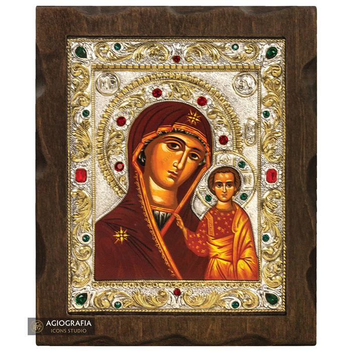 Vergine Maria di Kazan icona in legno argentata e dorata con cristalli
