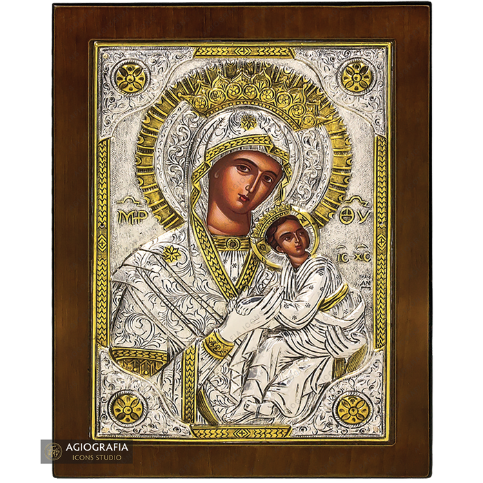 Vergine Maria della Passione icona cristiana ortodossa placcata argento
