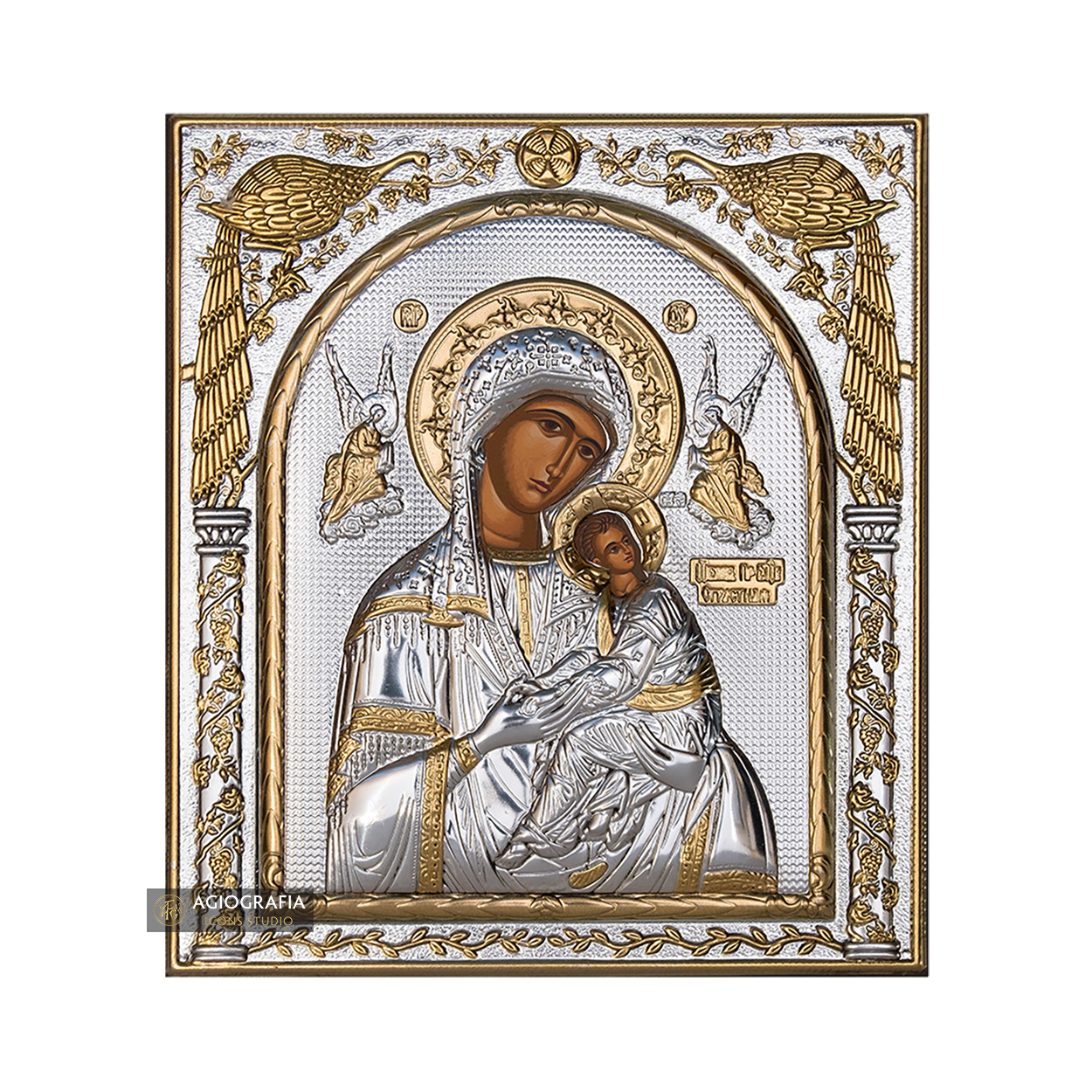 Virgin Mary of Passion Silver Gold Plated Wood Icon
