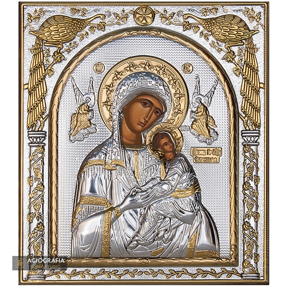 Virgin Mary of Passion Silver Gold Plated Wood Icon