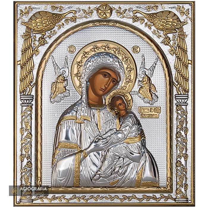 Virgin Mary of Passion Silver Gold Plated Wood Icon