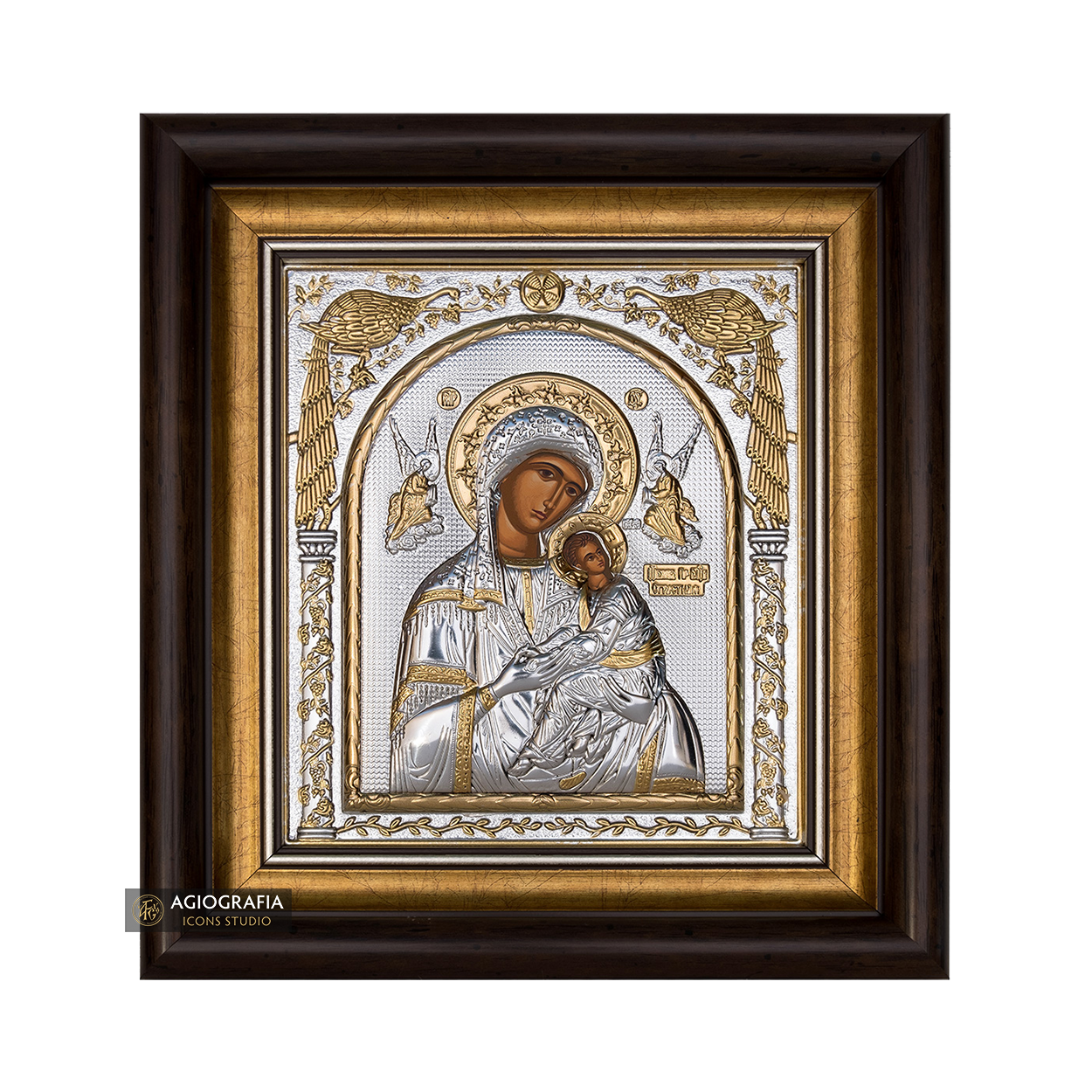 Virgin Mary of Passion Framed Silver Gold Plated Wood Icon