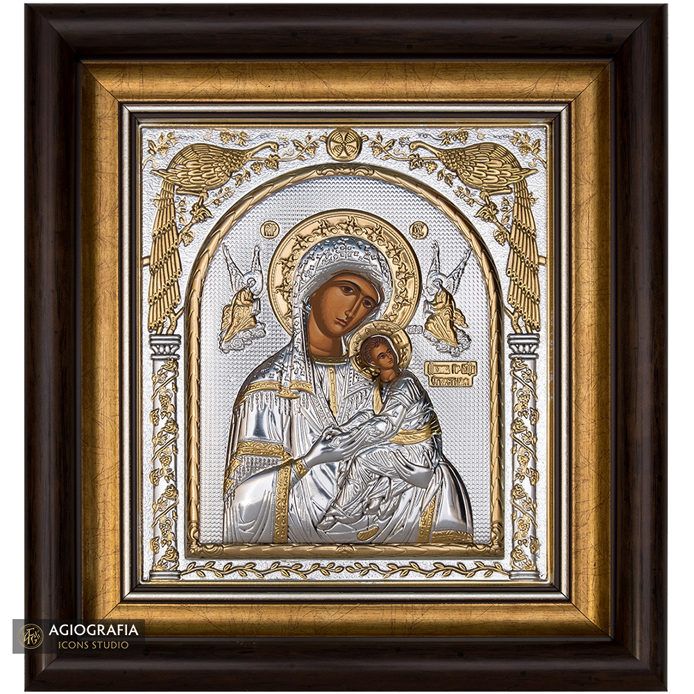 Virgin Mary of Passion Framed Silver Gold Plated Wood Icon
