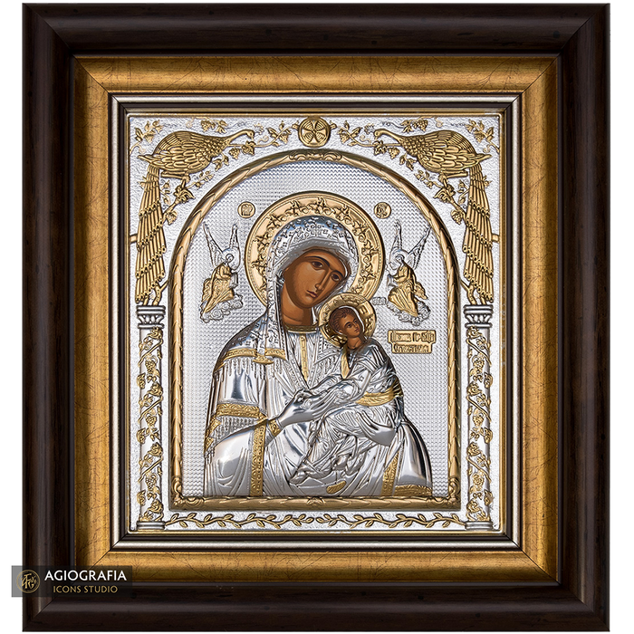 Virgin Mary of Passion Framed Silver Gold Plated Wood Icon