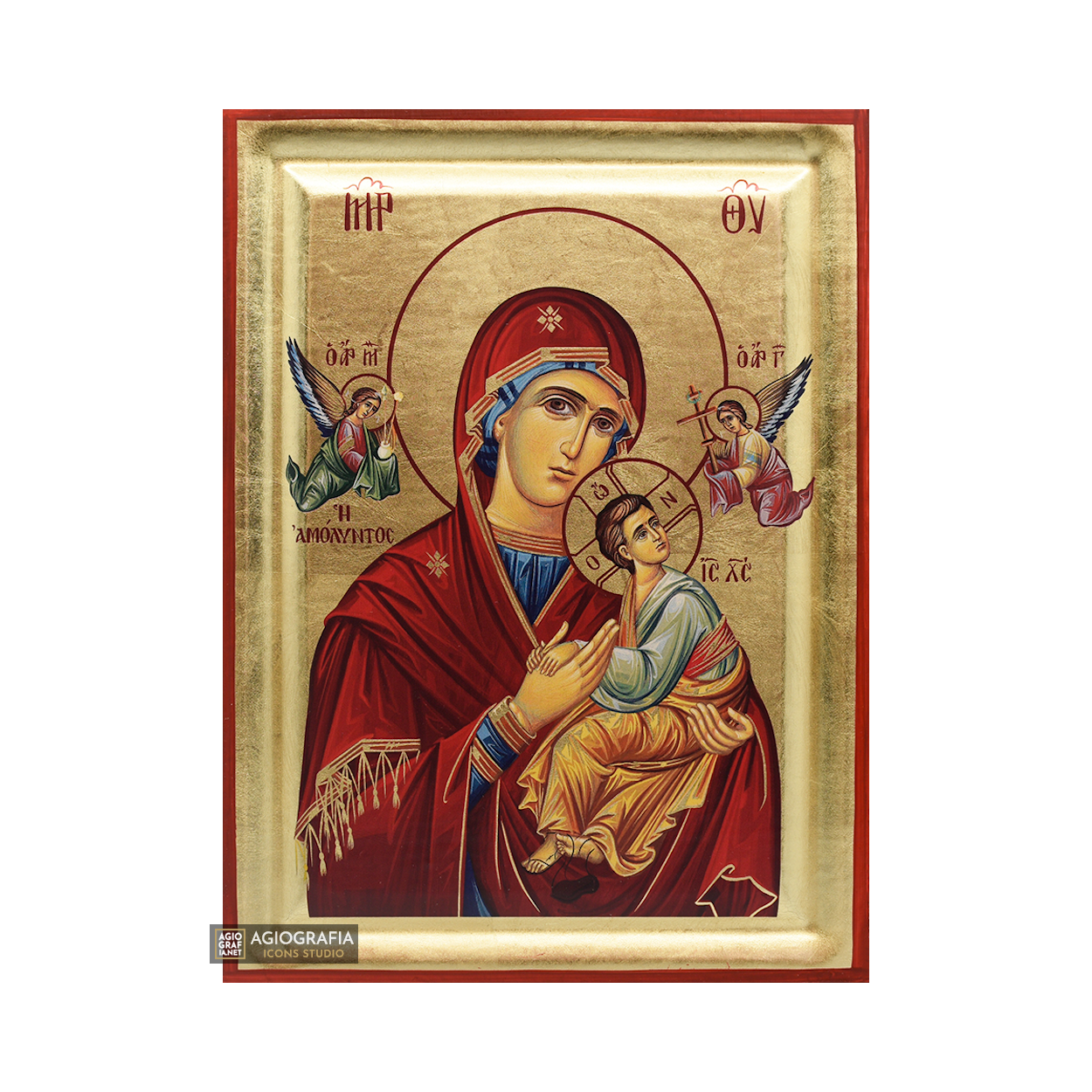 Virgin Mary of Passion (Amolintos) Greek Orthodox Icon with Gold Leaf